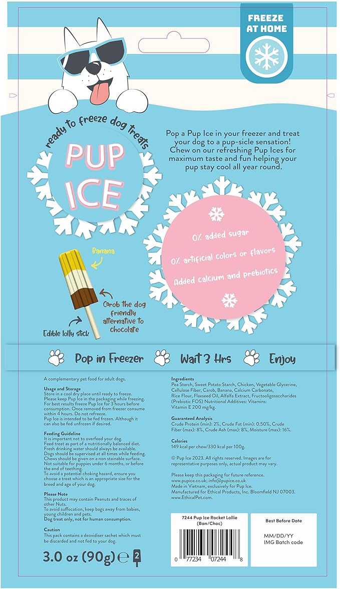 SPOT Pup Ice Dog Treats – Freeze-at-Home Edible Chews for Medium Breed Dogs & Puppies, Banana & Carob Flavor (No Chocolate), 2ct Rocket Lollies with Real Chicken