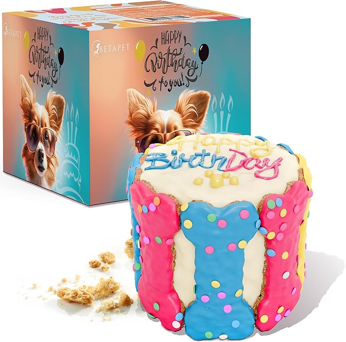 Dog Birthday Cake for Dogs to Eat - Rice Cake Based Dessert Made with Dog Birthday Treats and Human Grade Ingredients Gift for Puppy (5"x5"x5", Tri-Color)