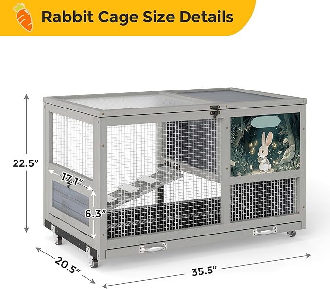 COZIWOW 36.5-Inch Double-Decker Wooden Insulated Rabbit Hutch with Wheels, Heated Rabbit Cage Featuring A Cleaning Tray and Ladder—Stylish&Easy to Assemble（Orange&Air Purifier）