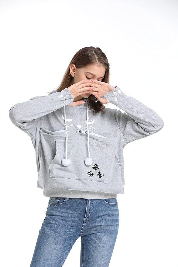 ALYC Unisex Hoodies Pet Holder Cat Dog Kangaroo Pouch Carries Pullover with Cat Printing Sweatshirt (Light Grey, XL)