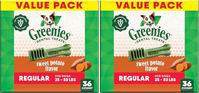 Greenies Veterinarian-Recommended Natural Dental Dog Treats,Dental Chews for Dogs,Regular Size,Sweet Potato Flavor,36 oz,36 Count (Pack of 2)