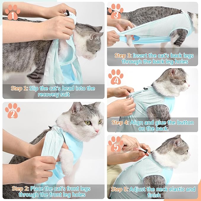 SlowTon Cat Recovery Suit - Onesie After Surgery for Female Male Kittens, Clothes Surgical Spay Suit for Abdominal Wounds, E-Collar Alternative Bodysuit Anti-Licking (Light Blue, S)