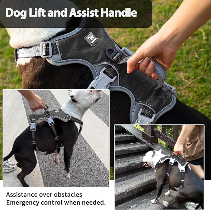 Huntboo Escape Proof Dog Harness, Escape Artist Harness, Reflective Harness with Padded Handle, Breathable, Durable, Adjustable Vest for Medium Dogs Walking, Training, and Running Gear (Black,XL)