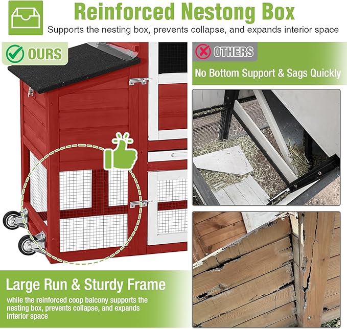 GUTINNEEN Mobile Chicken Coop with Wheels for 2-4 Chickens, Expandable Wooden Hen House with Divided Nesting Box, Reinforced Coop Balcony, Roosting Perch, Metal Pull-Out Tray, 82.4" L (Red)