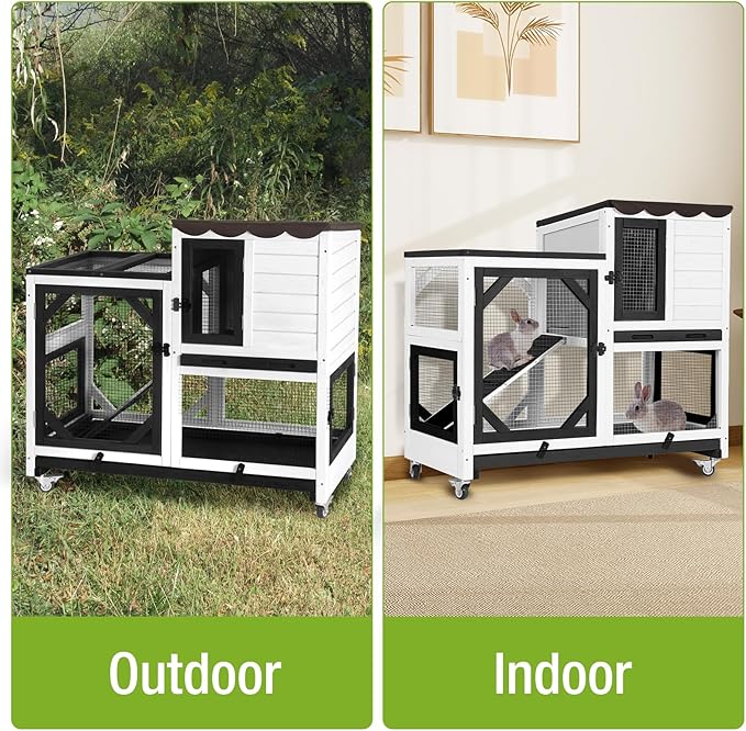 Rabbit Hutch Indoor Outdoor, 2-Story Bunny Cage with Wheels, Wooden Rabbit House with Leakproof Trays, Rain Cover, Guinea Pig Cages with Chew-Proof Ramp (White)