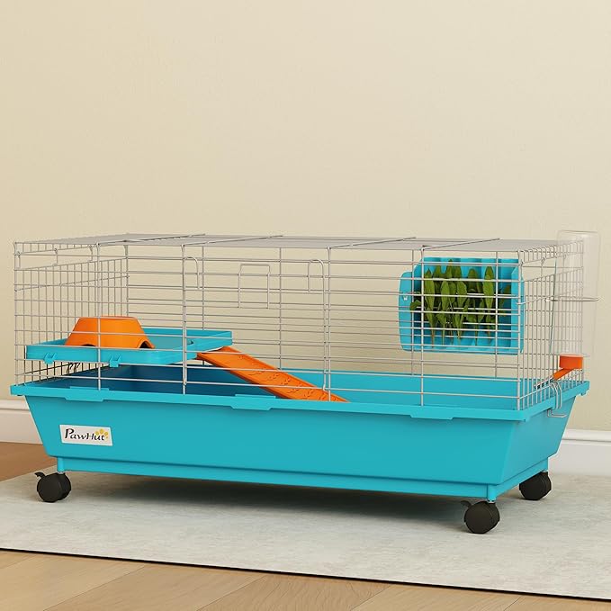 PawHut 35" L Small Animal Cage, Rolling Bunny Cage, Guinea Pig Cage with Food Dish, Water Bottle, Hay Feeder, Platform, Ramp for Chinchilla, Blue