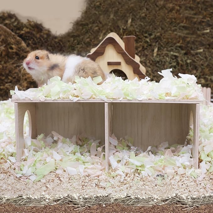 Hamster Peep Tunnel, 2-Chamber Wooden Hamster Hideout, Water-Resistant Platform for Syrian Hamsters and Small Pets, 11" x 5.3" x 4.3"