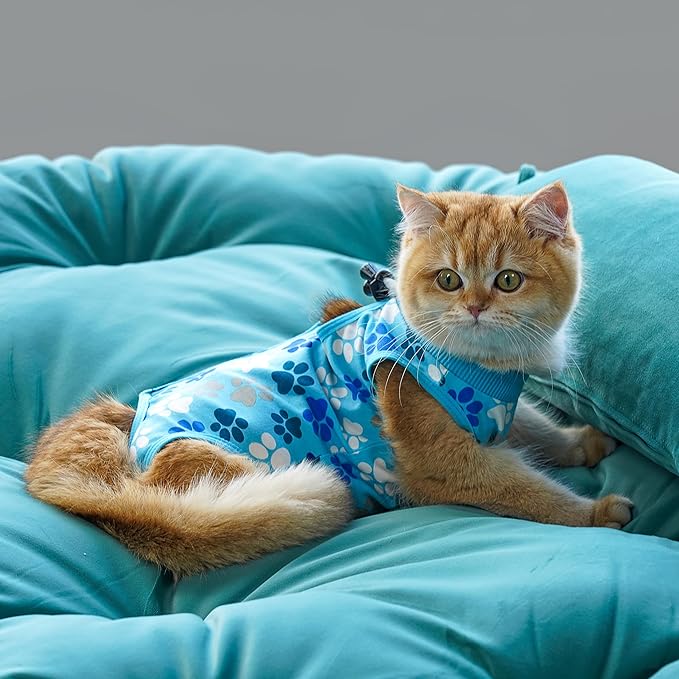 Cat Recovery Suit – Soft, Breathable Onesie for Female & Male Pets After Surgery, Spay, Neuter or Wounds, Surgery Outfit, Cone Alternative, Litter Access, Machine Washable, Blue Paw Print