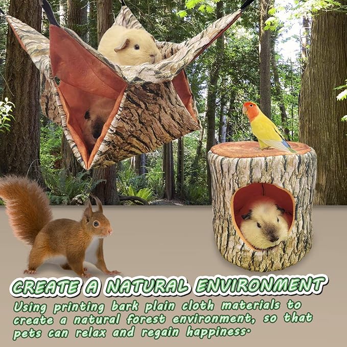 EAEDMY Guinea Pig Rat Ferret Tree Hole Bed and Hammock Tunnel, Hanging Bunk, Parrot Bird Hideout, Small Animals Soft Bed (4.Hammock)