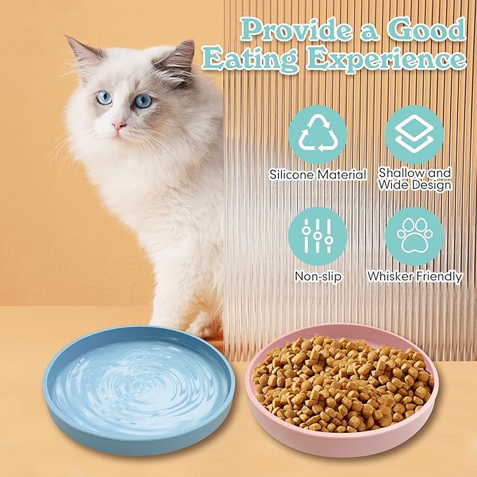 Silicone Cat Food Bowl Shallow Dishes 5.9in Wide Cats Bowls Set of 2 Kitty Plates Relief Whisker Fatigue Puppy Feeding Bowl for Dry Food and Wet Food Indoor (Round Green)