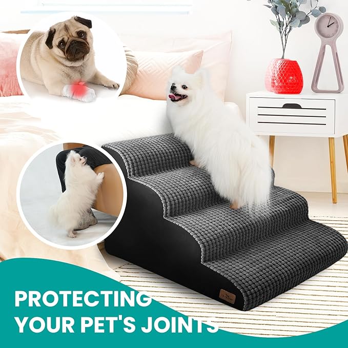 Dog Stairs for Small Dogs, 20.5 in H 4 Step Curved Pet Ramp for High Bed and Couch, Foam Dog Ramp with Durable Non-Slip Waterproof Fabric Cover, Pet Stairs for Pets Joints, Grey