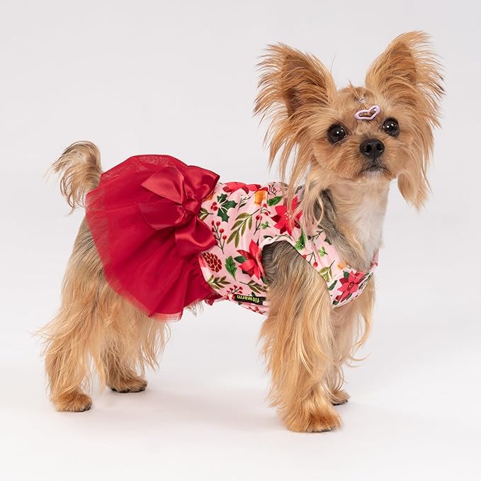 Fitwarm Christmas Flowers Dog Tutu Dress, Elegant Winter Clothes for Small Dogs Girl, Holiday Pet Outfit, Red, Pink, XXS