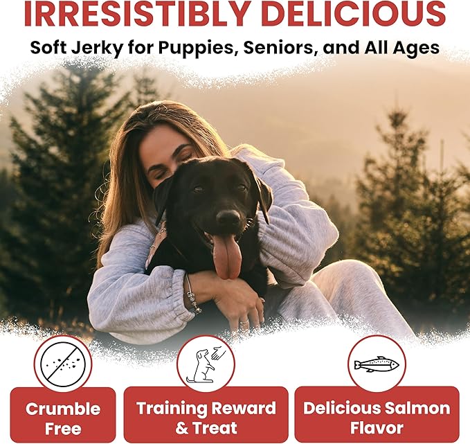 Chew + Heal Labs Dog Salmon Jerky Treats with Cognitive Support - 12 oz of Wild Caught Salmon Jerky Dog Treat - Made with Gingko Biloba, Blueberries, Cranberries, Pumpkin, and More - Made in The USA