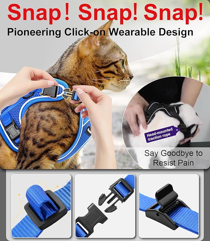 Cat Harness and Leash for Walking Escape Proof Soft Adjustable Cat Leash Breathable Comfortable Vest Easy to Wear Kitten Harness for Outdoor Travel (Blue, S (7-12lb))