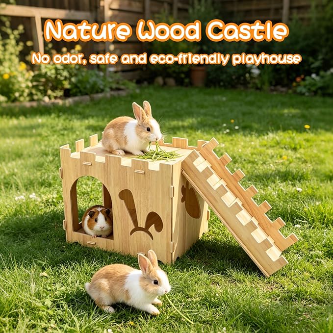 BWOGUE Extra Large Wooden Rabbit Castle Bunny House and Hideouts Detachable Small Animal Play Hideaway Hut for Indoor Adult Rabbit Guinea Pig Chinchilla Habitat