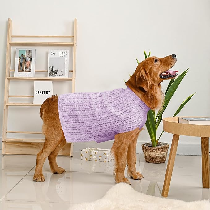 2 Pack Dog Sweaters for Large Dogs Winter Turtleneck Pullover Cable Knit Fleece Stretch Pitbull Labrador Golden Retriever Doberman Bulldog Boy Girl Pet Clothes (XXL, Pink & Purple)