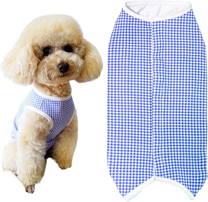 Dog’s Recovery Suit Post Surgery Shirt for Puppy, Wound Protective Clothes for Little Animals(Blue White Plaid-m)