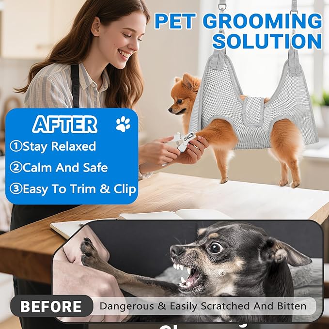 Supet Dog Grooming Hammock for Small Dogs, Dog Hanging Harness for Nail Trimming Doorframe, Pet Holder Restraint for Clipping Nails, Pet Hoist Sling for Cutting Nails at Home (Grey S)