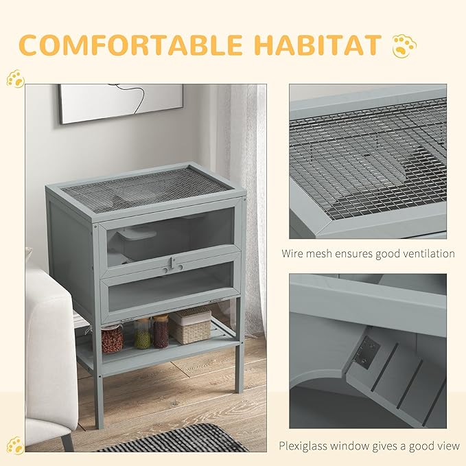 PawHut 3-Tier Wooden Hamster Cage Mice and Rat Cage Small Animals Hutch with Openable Top, Front Door, Storage Shelf, Gray