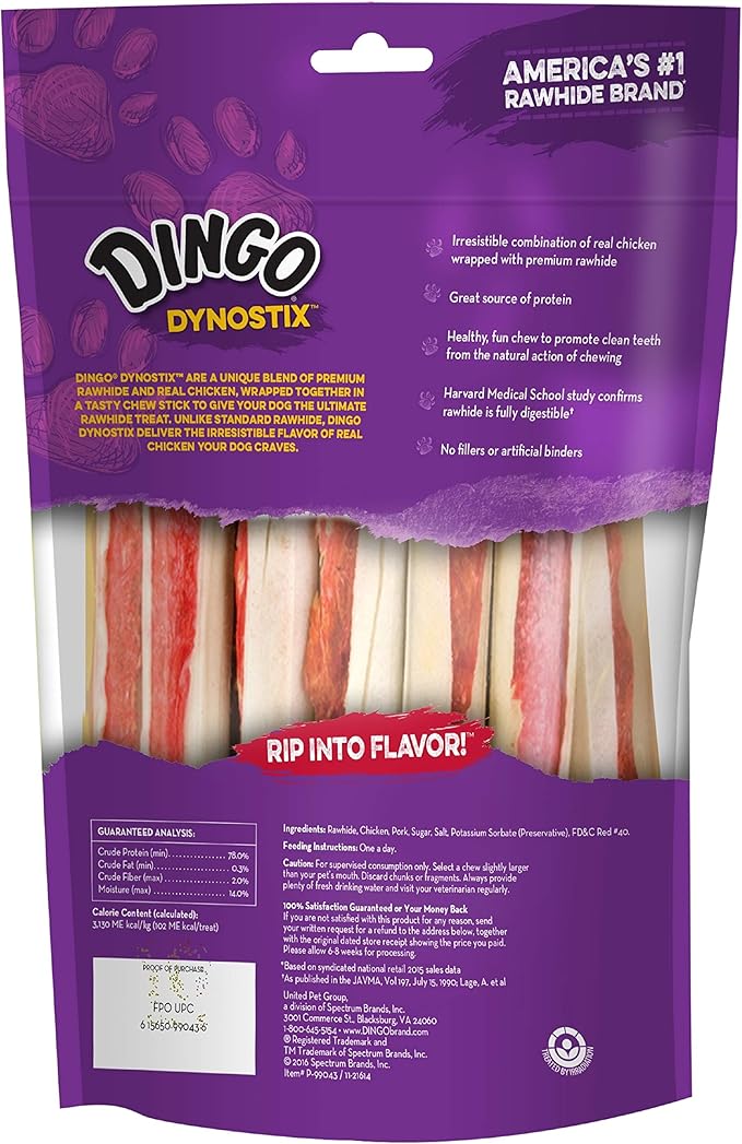 Dingo DynoStix 10 Count, Rawhide Sticks For Small Dogs, Made With Real Chicken, Pack of 6