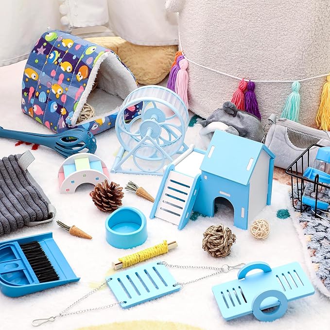 Teenyyou 24 Pcs Small Guinea Pig Starter Kit Essentials for Hamster Cage Accessories Toys House Bed Cage Cleaner Food Bowl Water Holder Carrier Bag Teething Toys Liner Tunnel for Beginner(Blue)