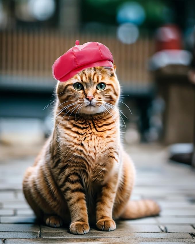 PET SHOW Dog Beret Hat for Small Dogs Cats Party Holiday Headband Cap French Leather Berets with Adjustable Chin Strap Cute Fashion Puppy Hats Pets Costumes Accessories(Red,S)