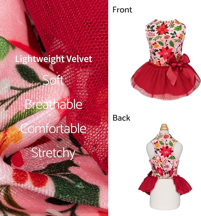 Fitwarm Christmas Flowers Dog Tutu Dress, Elegant Winter Clothes for Small Dogs Girl, Holiday Pet Outfit, Red, Pink, XXS