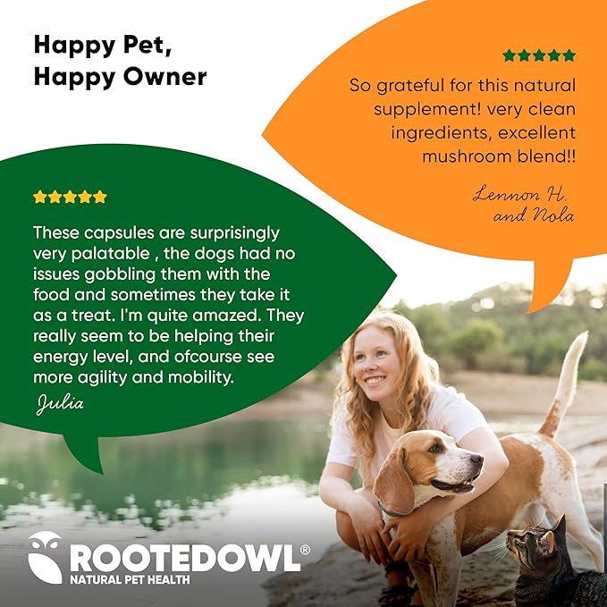 Rooted Owl Natural Immunity - Cat and Dog Immune Support - Triple Mushroom Supplement for Dogs & Cats with Reishi, Shiitake and Maitake Mushrooms - 60/ct Vegan Capsules