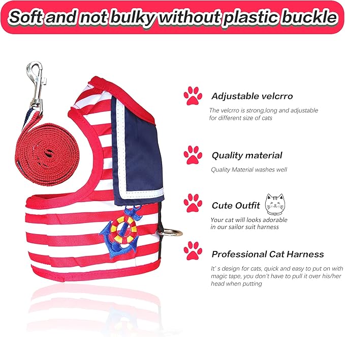 Cat Harness and Leash for Walking Escape Proof, Adjustable Cat Vest Harness, Padded Stylish Cat Walking Jackets, Sailor Suit Red, Extra Large