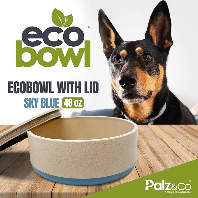 Palz&Co EcoBowl with Lid for Dogs & Cats, 48 oz Blue - Natural Bamboo Pet Bowl with Non-Slip Base, Pet Food and Water Dish, Dishwasher Safe