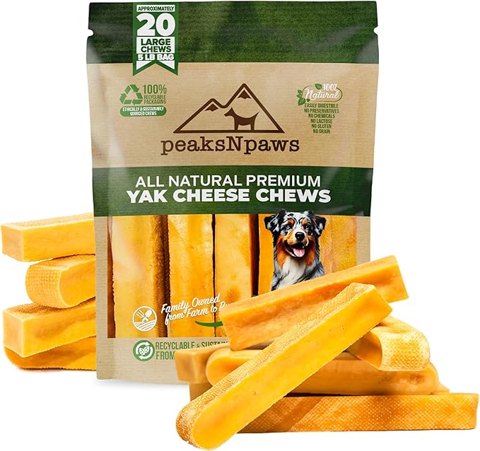 peaksNpaws Yak Cheese, High Protein, Himalayan Dogs Chews, Natural Dog Treats, Lactose Free, Long Lasting Dogs Treat for Aggressive Chewers Under 55 lbs 20 Large Chew Sticks, 5 lb Bag
