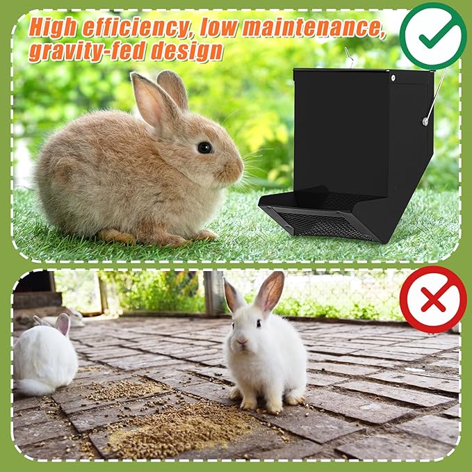 Maxcheck 2 Pcs Rabbit Feeder for Cages Small Animal Food Pellet Dispenser with Lid Metal Chicken Grit Oyster Shell Squirrel Feeders Outside(4.7 Inches,Mesh Bottom,Black)