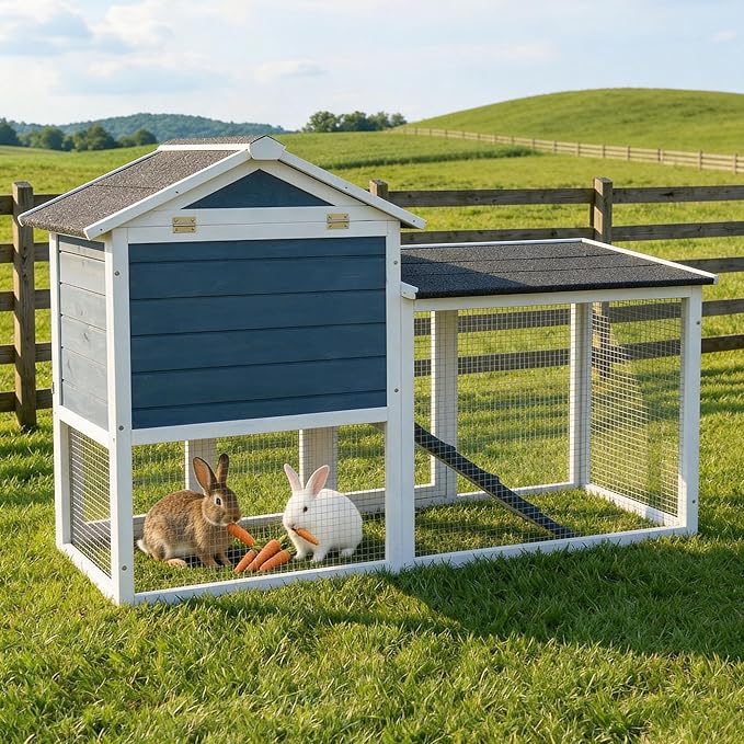 Large Outdoor Rabbit Hutch with Waterproof Asphalt Roof, 54.7” x 24.2” x 34” Wooden Bunny Cage for 2 Rabbits, Guinea Pigs & Chickens, Easy-Clean Pull-Out Tray & Anti-Rust Metal Door