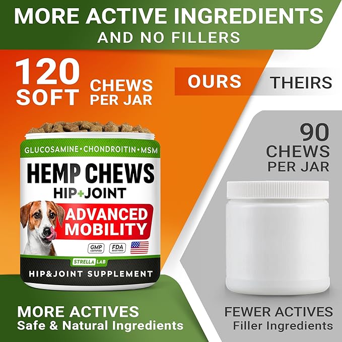 Advanced Hemp + Glucosamine Dog Joint Supplement - Hip Joint Pain Relief - Mobility Chews for Dogs - Chondroitin, MSM, Omega - Made in USA - Lamb Flavor - 120 Hemp Treats