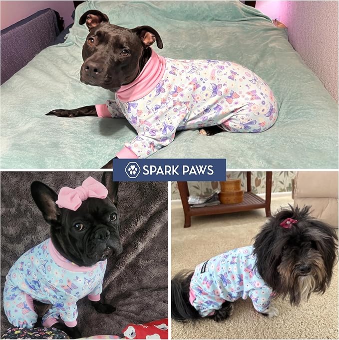 Spark Paws Dog Pajama, Dog Recovery Suit Male, Onesie, Ultra-Soft and 4-Way Stretch, for Small Medium and Large Breed - Butterfly Dreams - L