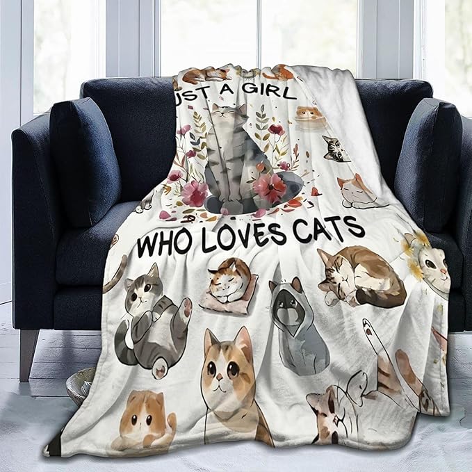 SweetFox Just A Girl Who Loves Cats Blanket, Cute Cat Decor Throw Blanket Gifts for Girls Boys Lovers Super Warm Soft Plush Fleece Flannel Winter Bedding Blankets for Kids Adults Men Women 80"X60"