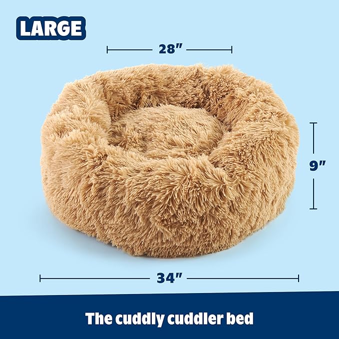 Barkbox Dog Bed Memory Foam Donut Cuddler - Calming Orthopedic Joint Relief Fur Crate Lounger for Pets, Machine Washable + Removable Cover, Waterproof Lining, Includes Toy - Larger Pets - 65lbs