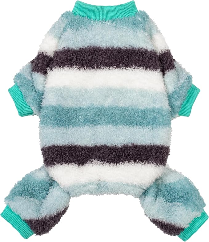 Fitwarm Fuzzy Striped Dog Fleece Pajamas, Warm Winter Clothes for Small Dogs Boy Girl, Cozy Pet Onesie with Feet, Light Sea Green, Black, White, Small