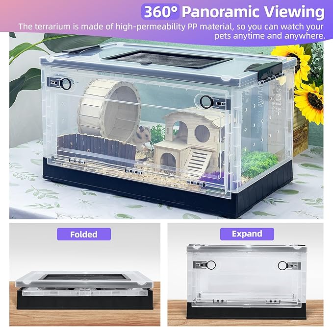 Hamsters Cage Large, Foldable Portable 360° Viewing Ventilated Cages with Villas, Exercise Wheels, for Hamsters, Rats, Dwarf Hamsters, Gerbils, Guinea Pigs Black, 16" L x 12" W x 9.5" H