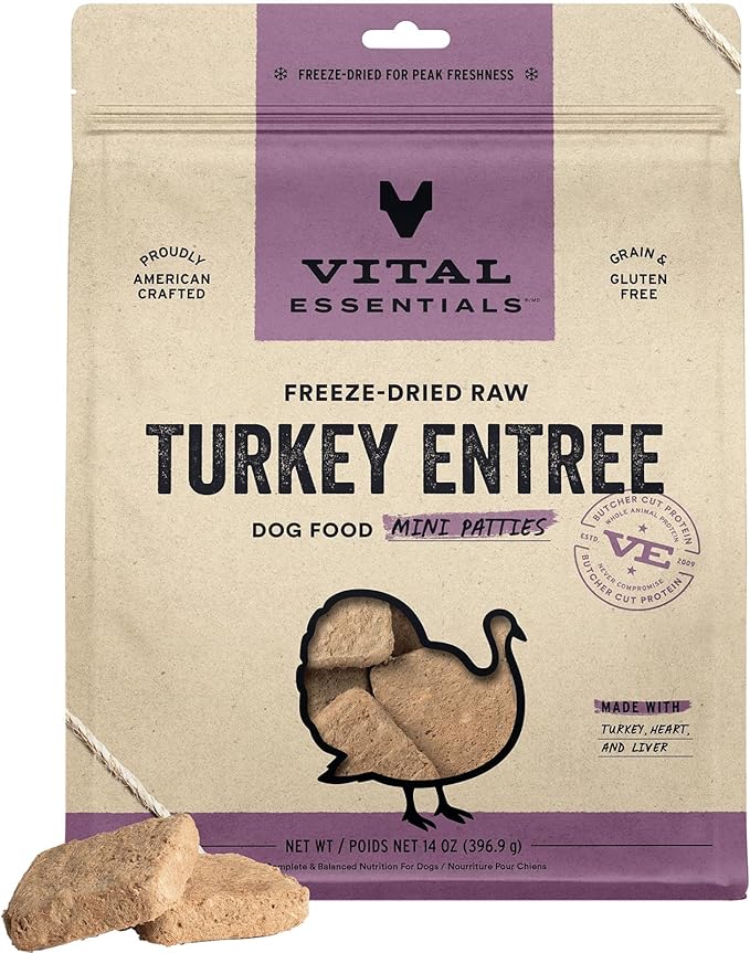 Vital Essentials Freeze Dried Dog Food, Raw Turkey Mini Patties | Complete Meal or Topper | High Protein, Grain Free Dry Dog Food | 14 oz Bag
