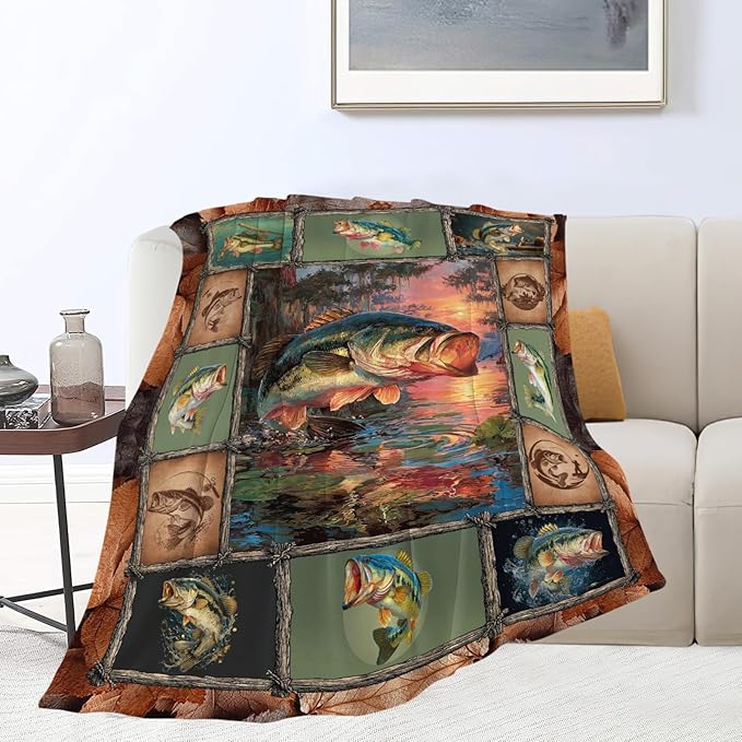 Fish Throw Blanket Fishing Stuff Gifts for Kids Girls Boys Adults Women Men Soft Cozy Warm Plush Fluffy Fuzzy Fleece Blanket Decor 50''X60''
