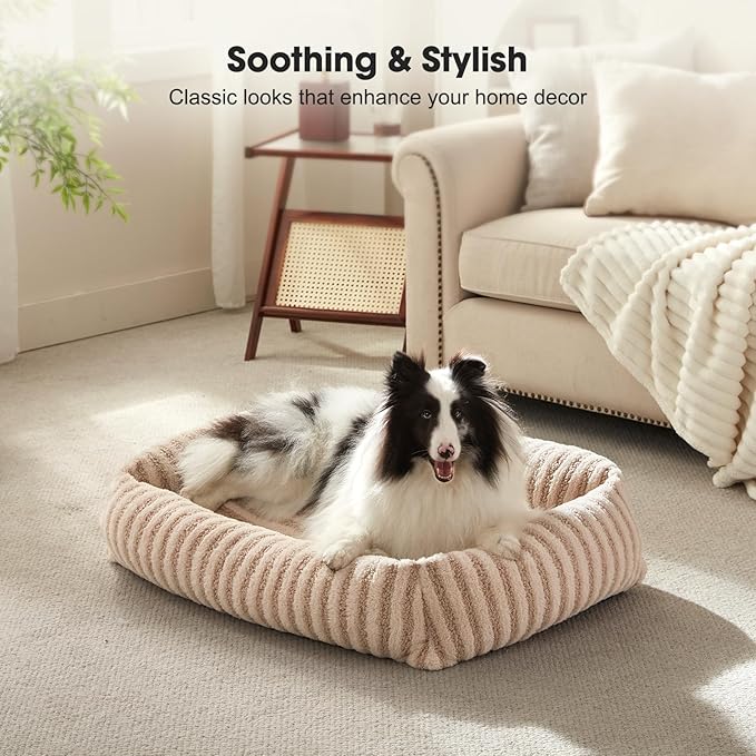 MIXJOY Dog Bed for Medium Small Size Dog, Washable Medium Dogs Bed with Removable Cover, Rectangle Doggy Ded Fluffy Plush Faux Fur Pet Bed with Anti-Slip Bottom, 25"x21"x7", Beige