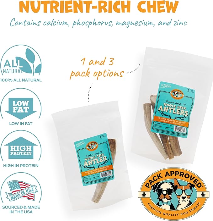 Whole Deer Antlers for Dogs - Long Lasting Chews for Aggressive Chewers - Single Ingredient Odorless Treats for Small & Medium Dogs - 4-5" (3ct)