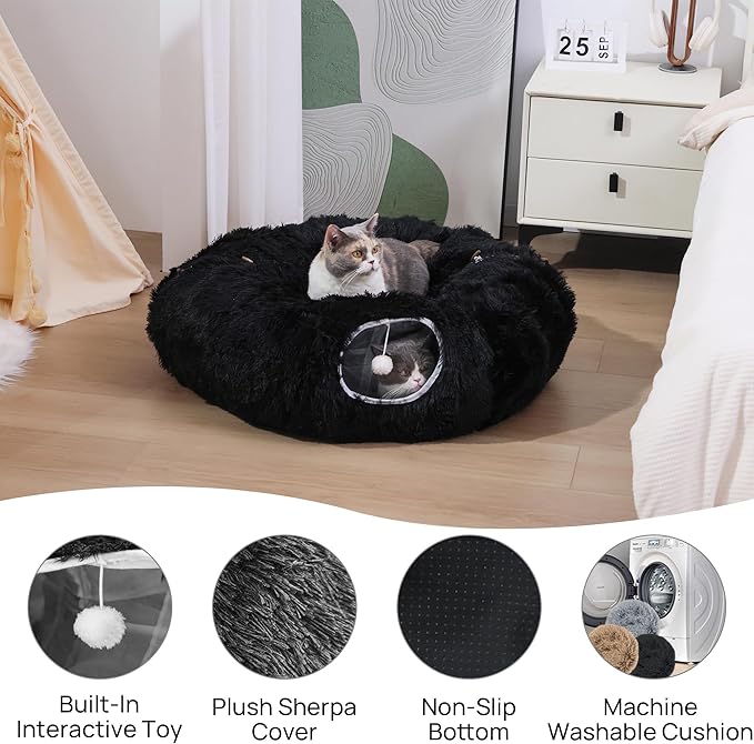 Cat Tunnel with Bed – Soft Plush Peekaboo Donut Cave for Indoor Cats | Under Christmas Tree Hideaway & Multifunctional Playground Toy for Kittens, Rabbits, Ferrets (Long-Pile Fabric Black)