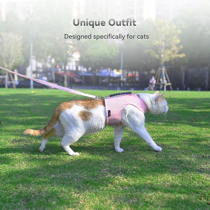 Cat Harness and Leash for Walking Escape Proof Breathable Mesh Fabric, Solid Pink, Large, Adjustable Cat Walking Jackets with Handle, Padded Stylish Cat Vest