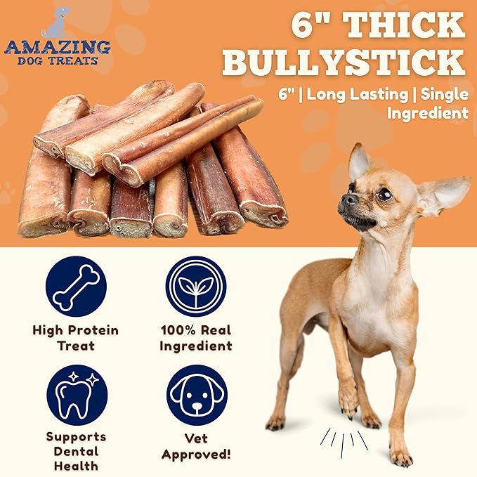 Amazing Dog Treats - 6 Inch Extra Thick Bully Sticks (50 Count) - Bulk Bully Sticks for Dogs - No Hide Bully Stick Dog Bones