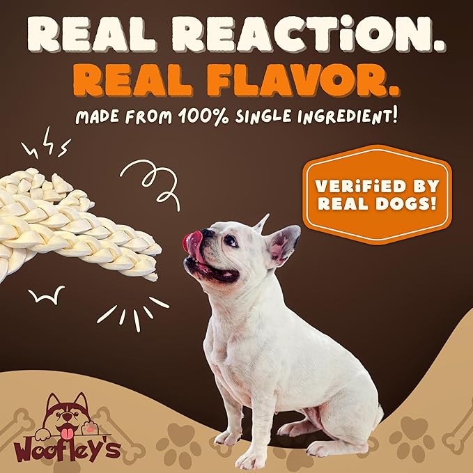 Woofley's 10-12" Buffalo Beef Cheek Braids Regular - (5 Count)- Beef Cheek Dog Chews - No Hide Bones for Dogs