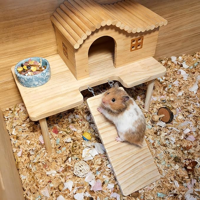 Wooden Hamster Platform with Ladder Rat Climbing Activity Playground Platform Cage Accessories Decor for Dwarf Syrian Hamster Gerbil Rat Mice (Middle)