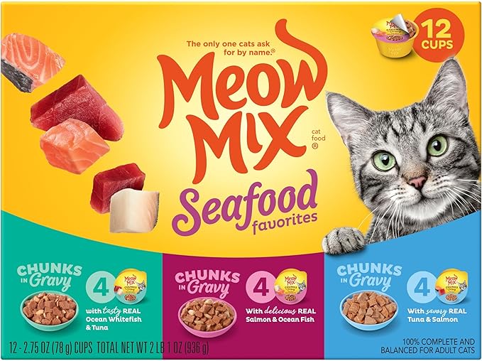Meow Mix Seafood Favorites Chunks in Gravy Wet Cat Food Variety Pack, 2.75 Ounce (Pack of 12)