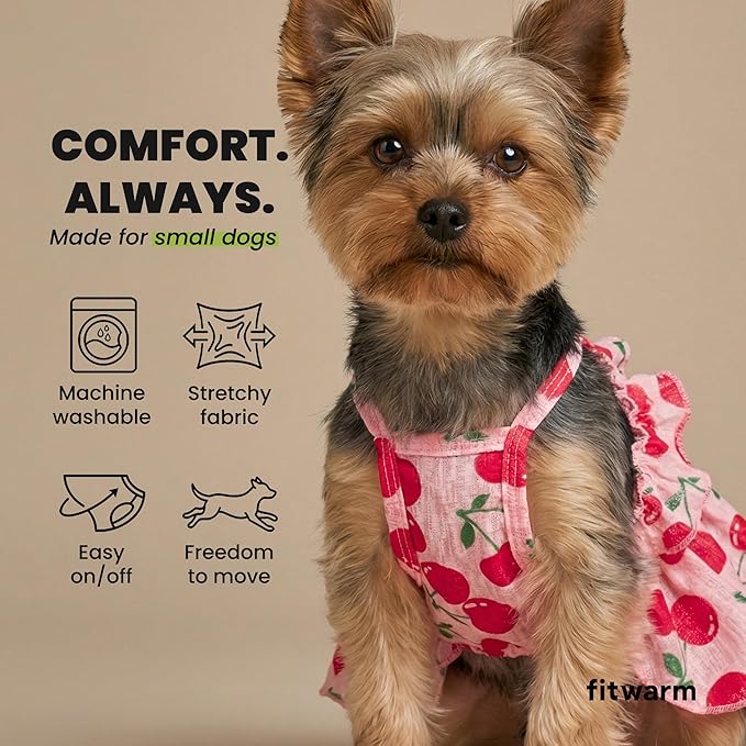 Fitwarm Cherry Dress, Clothes for Small Dogs Girl, Ruffled Hawaiian Outfit, Female Pet, Pink, Red, Small